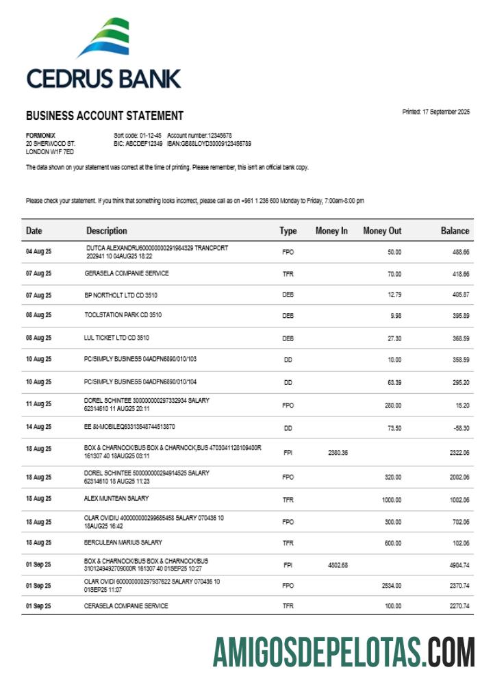Declaração de empresa de negócios do Cedrus Bank em formato Word e PDF (1) amostra